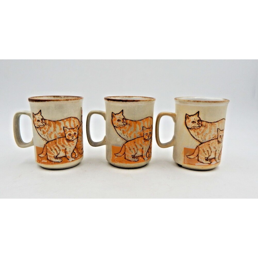 Dunoon Ceramics Cats Kittens Stoneware Brown Scotland Coffee Tea Mugs Cups Set/3